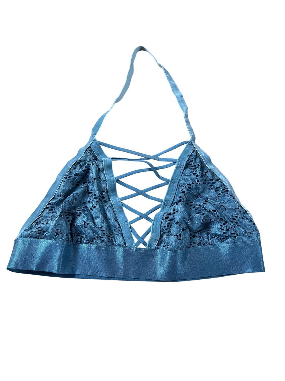Iris Top Womens L Blue Lace Halter Lined Stretch Floral Sleeveless Adjustable